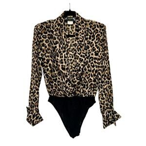 Sz Med TWINS Vintage Semi-Sheer Leopard Print Button Cuffs Lace Bottom Bodysuit